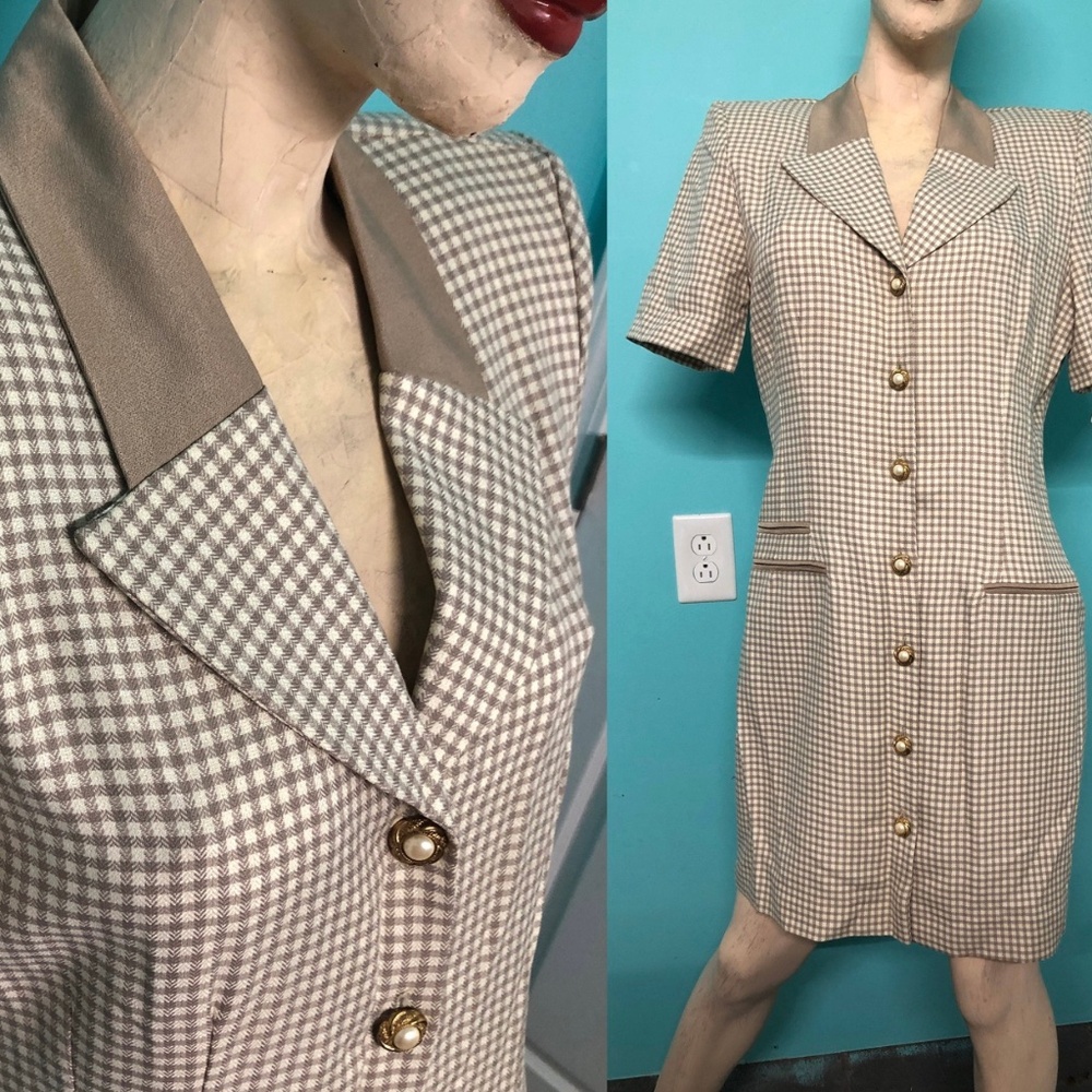 NWT~Vtg 90s DANNY&NICOLE Taupe/White Gingham Plaid Button Down Business Dress~10